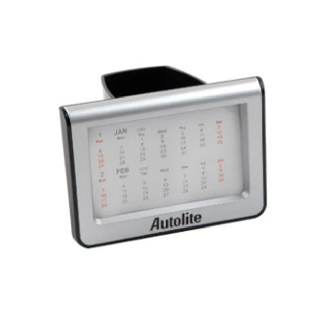 A silver pen holder featuring a calendar display for January and February. It has a branding logo on the front.