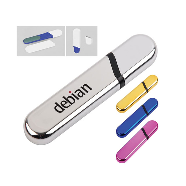 A metallic nail file set featuring a silver case and coloured files in blue, gold, pink, and green. The product also has a logo.