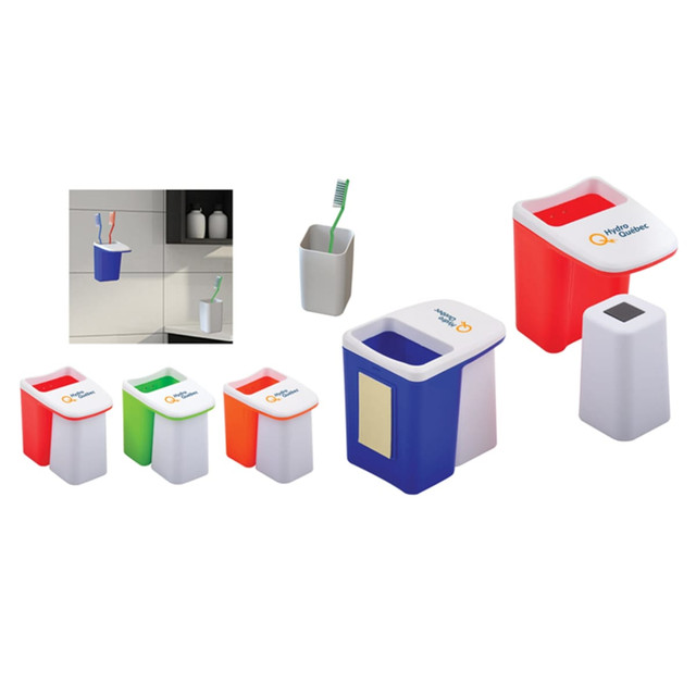 A set of toothbrush holders in various colours including red, blue, green, and white, featuring different designs and a logo.