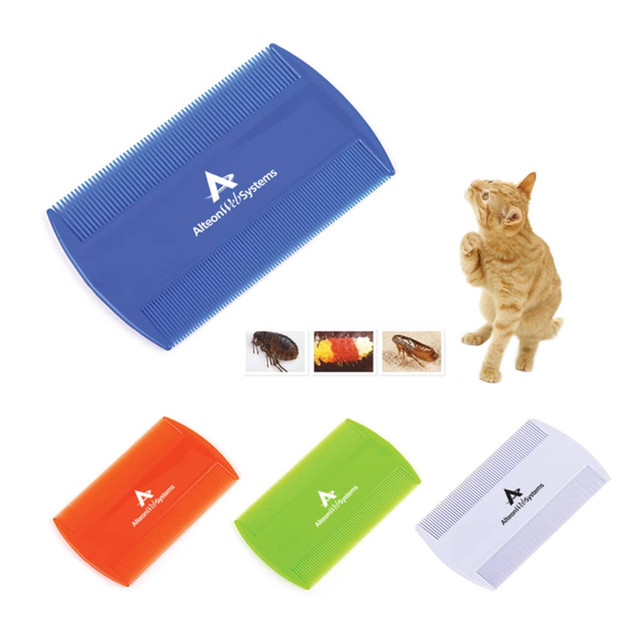 A set of coloured pet combs in blue, orange, green, and white, with a cat and images of pests. Each comb has a logo.