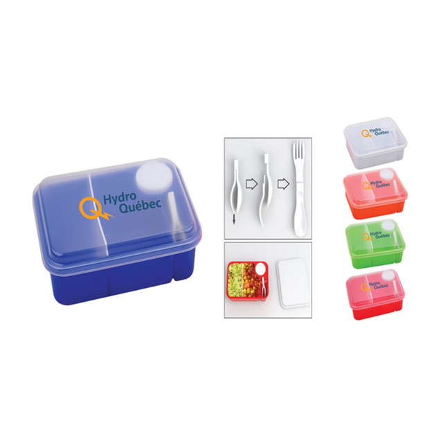 A blue lunch box with a clear lid, accompanied by green, red, and pink containers and utensils including a fork and knife.