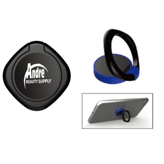 A mobile stand in black and blue, featuring a circular base and a finger ring for easy gripping. Includes a logo.