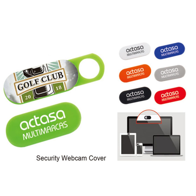 A collection of webcam covers in green, blue, orange, red, and grey, featuring logos and various designs.