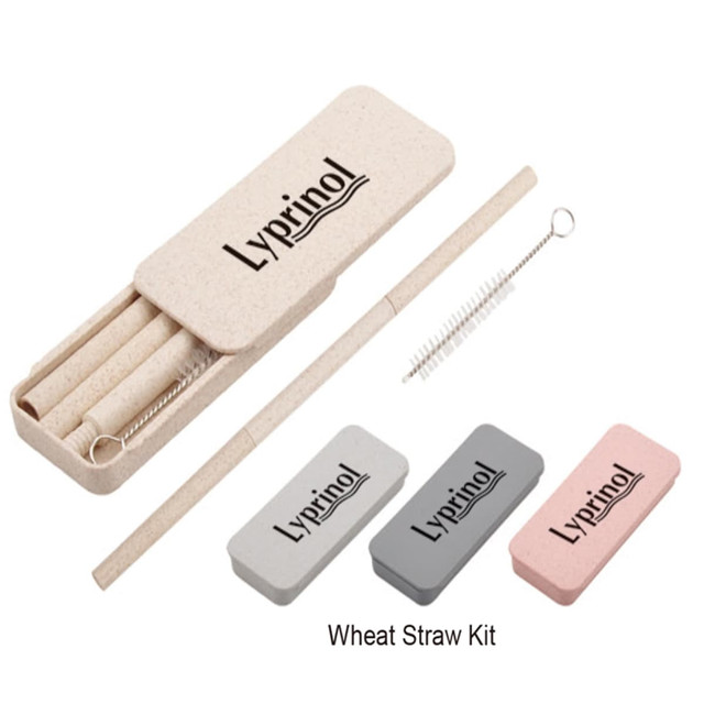 A set of reusable straws in a case, featuring pink, grey, and cream colours, with a cleaning brush included.