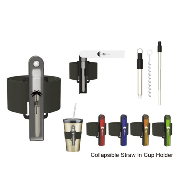 A collapsible straw set in various colours with a cup holder, including a reusable straw and cleaning tool.