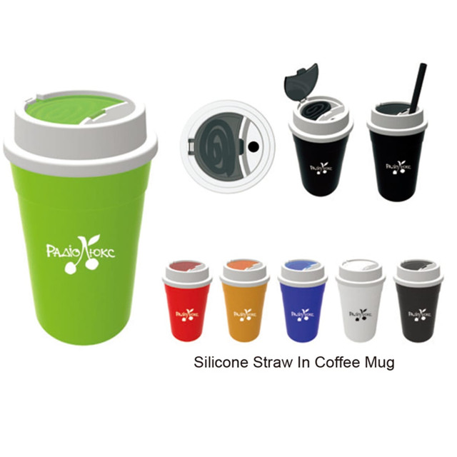 A drink bottle in green, with a silicone straw, featuring a lid and a logo. Additional mugs in various colours are included.
