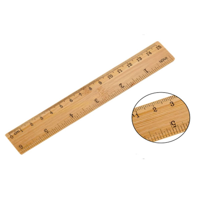 A bamboo ruler measuring 15 cm, featuring metric markings on a natural wood finish. It includes a close-up of the markings.