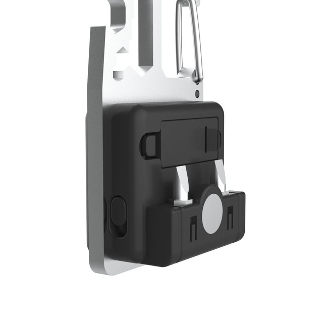A compact black and silver tool set featuring a keyring attachment, with various tools integrated into the design.