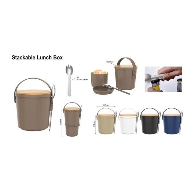 A stackable lunch box in multiple colours, featuring a bamboo lid and a fork. Includes a bottle opener.