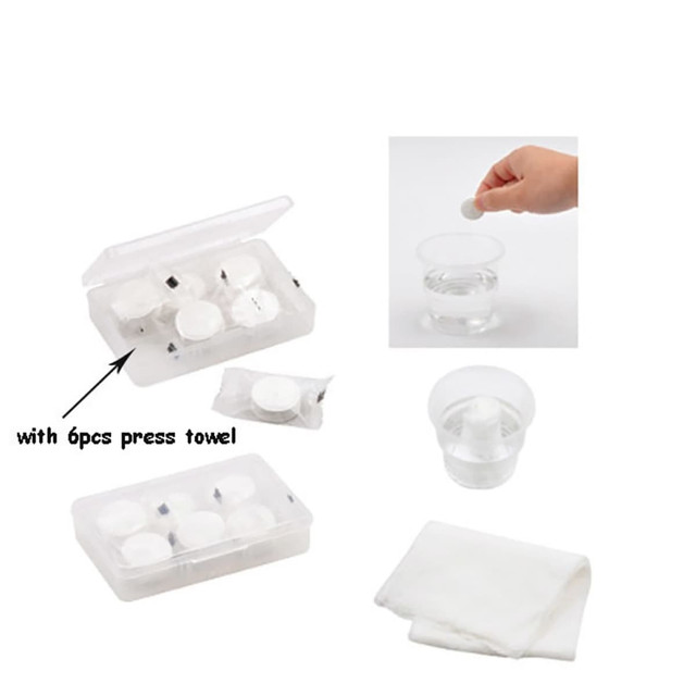 A clear case containing six white press towels, alongside a hand demonstrating their use in water.