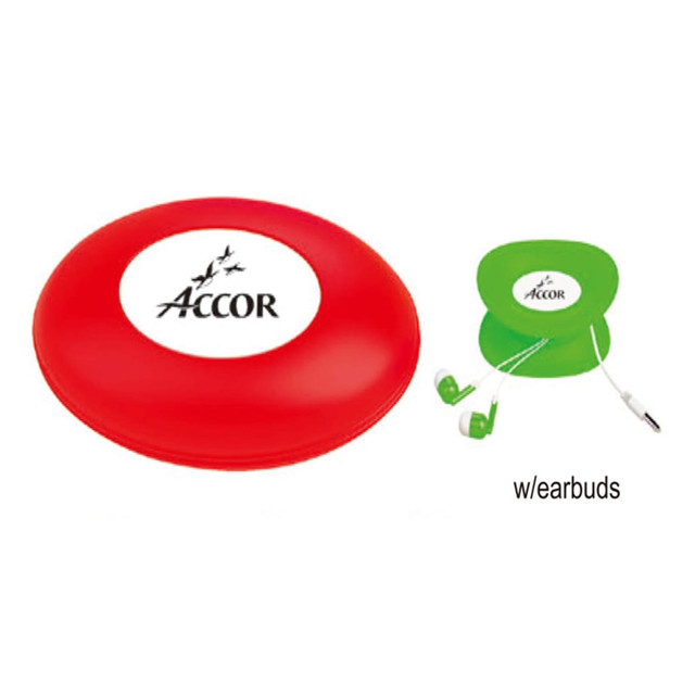 A red frisbee alongside a green case containing white earbuds. The items feature a logo.