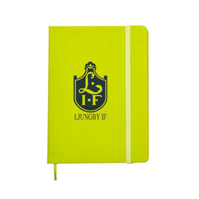 A vibrant yellow A5 PU notebook with a logo on the cover and an integrated elastic band closure.