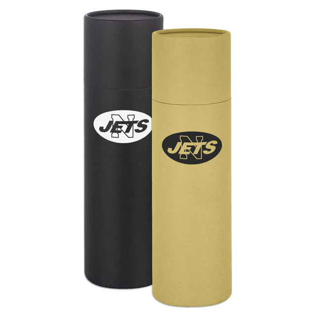 A drink bottle gift tube in black and gold, featuring a logo on each bottle.