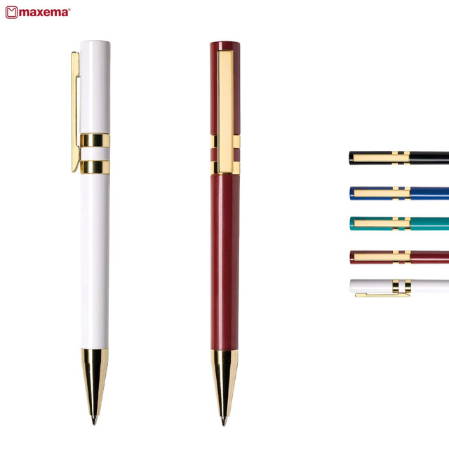 A set of metal pens in white and burgundy, featuring gold accents and a logo. Includes additional pens in various colours.