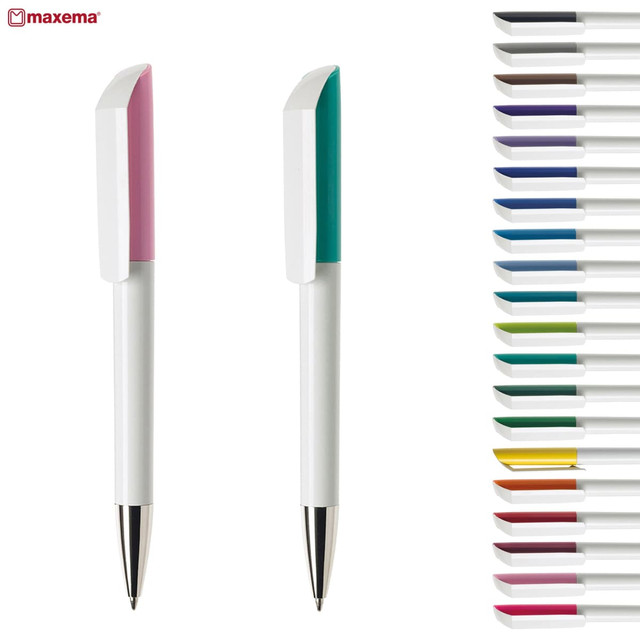 Two plastic pens in pink and teal with white barrels, alongside a selection of ink colours in various shades.