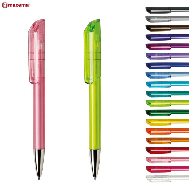 Two plastic pens in pink and green, featuring a transparent design, alongside a variety of pens in multiple colours.