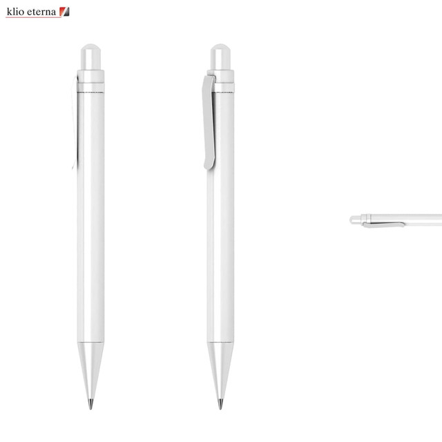 A white plastic pen with a sleek design and a clip, featuring a logo on the body.