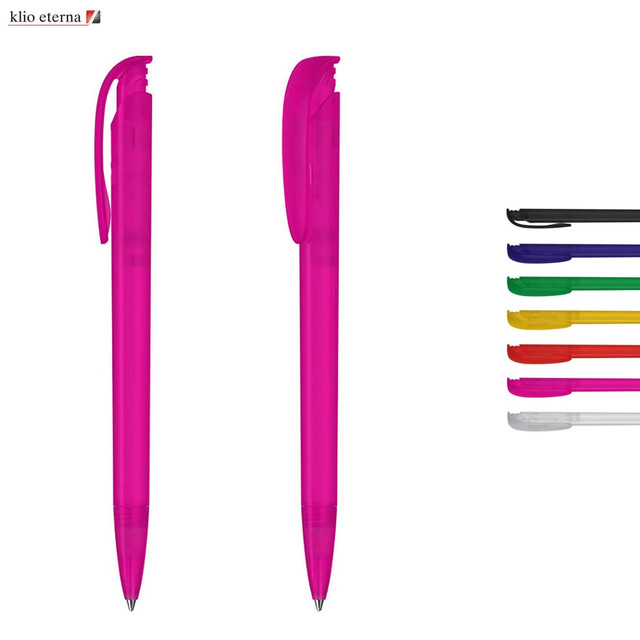 Two pink plastic pens with matching caps, accompanied by a selection of pens in various colours. The image features a logo.