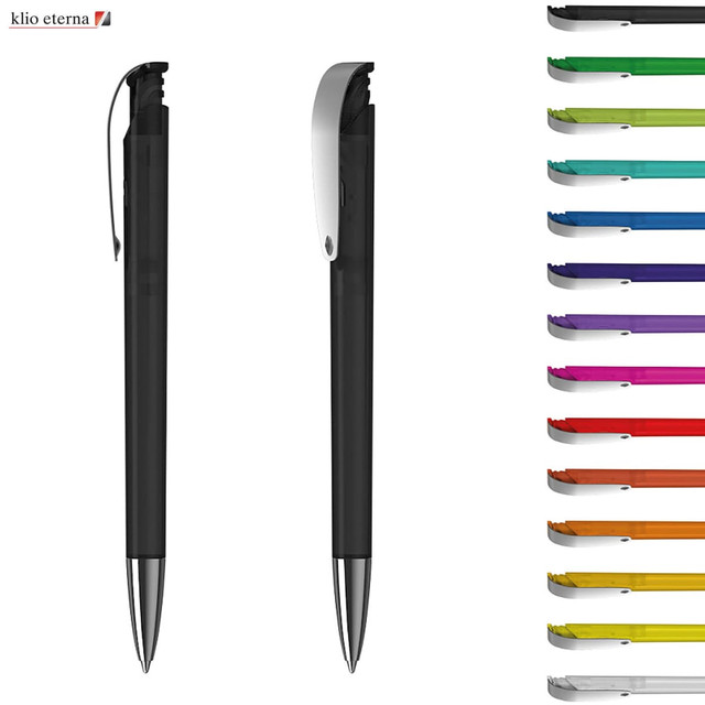A transparent plastic pen in black with a silver tip. Several coloured pens are arranged beside it, displaying various hues.