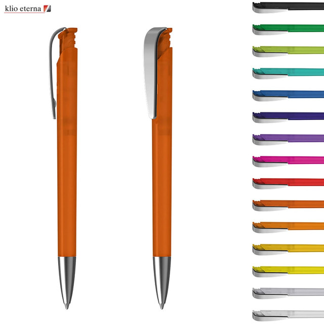 Two plastic pens in orange with silver accents, alongside a variety of other pen colours. The image features a logo.