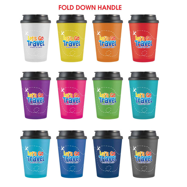 A collection of colorful travel coffee cups with black lids and fold-down handles, featuring various bright colors and designs.