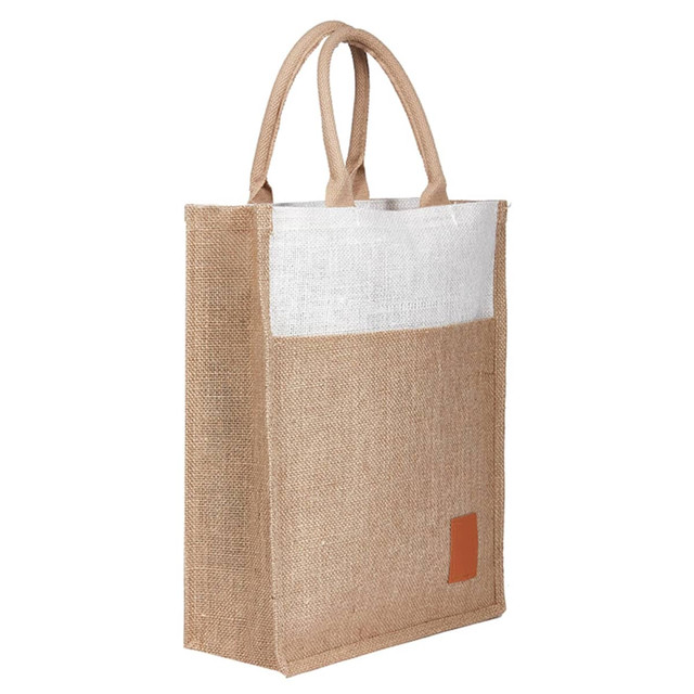 A jute bag with a natural tan colour, featuring a white top section and brown handle, has a branding logo on the side.