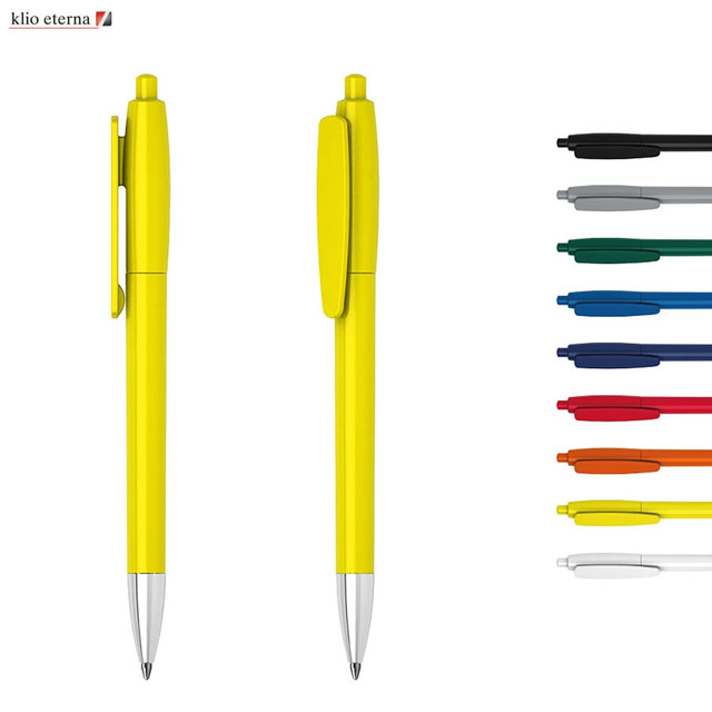 Two yellow plastic pens are displayed, featuring a clip and shiny silver tip, alongside various colour options.