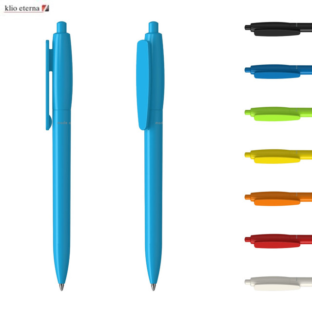 A blue plastic pen is displayed alongside a variety of coloured plastic pens, featuring a logo on the top left.