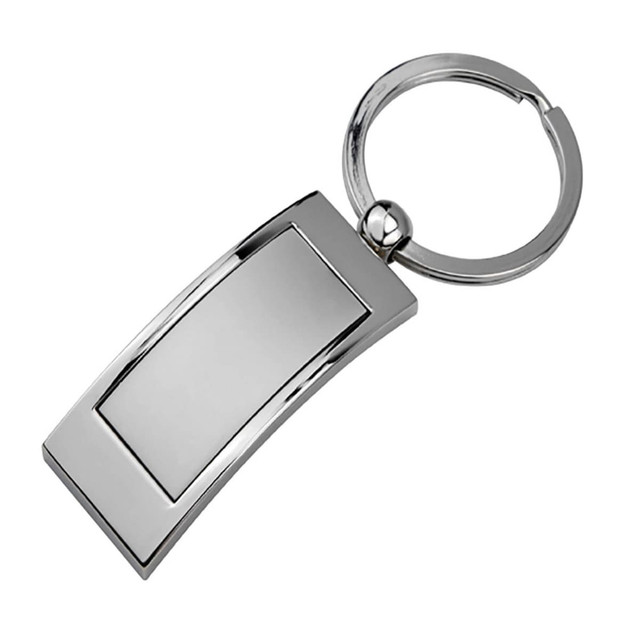 A silver key ring with a sleek, rectangular design and a circular attachment loop.