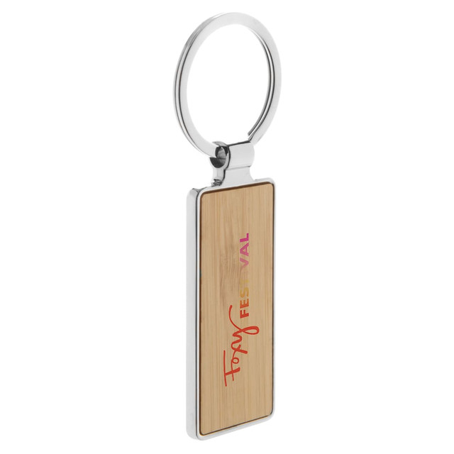 A bamboo key ring with a silver metal ring, featuring a logo or branding on its surface.