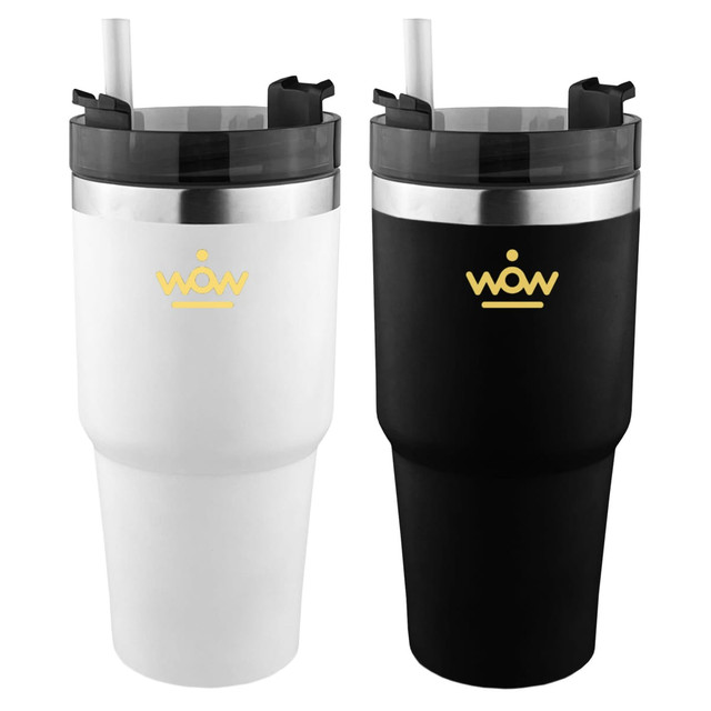 A drink bottle featuring a black and white design, with a silver rim and a logo on both sides.