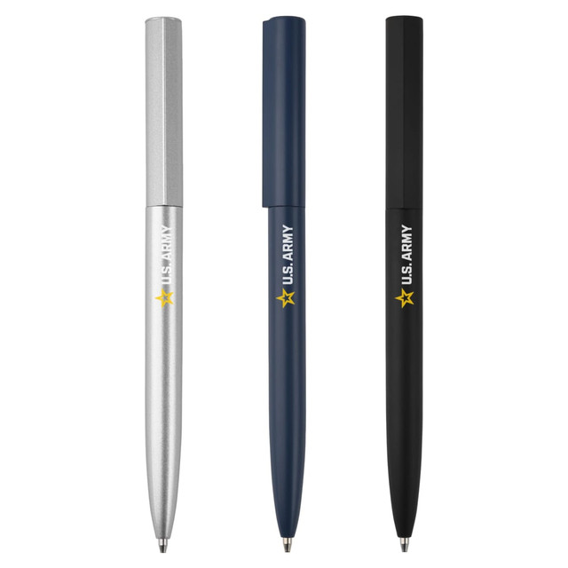 Three metal pens in silver, navy blue, and black, featuring a logo on each pen.