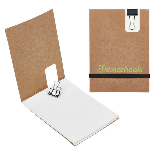 A brown Flexi Notebook with a black binder clip, featuring white pages inside and a logo on the cover.