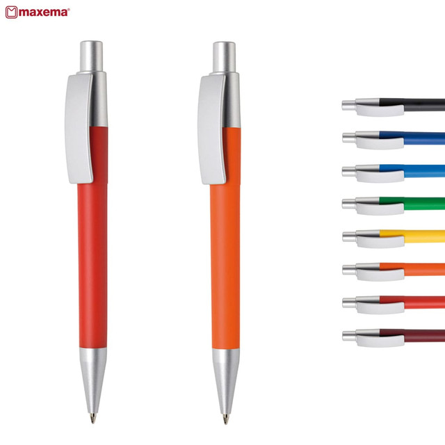 Two plastic pens, one orange and one red, alongside a selection of coloured pen tips. The pens feature a logo.