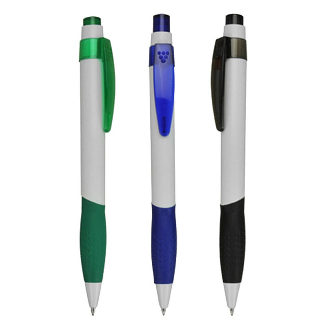 Three plastic pens in green, blue, and black with white grips and clips, featuring logos on the bodies.