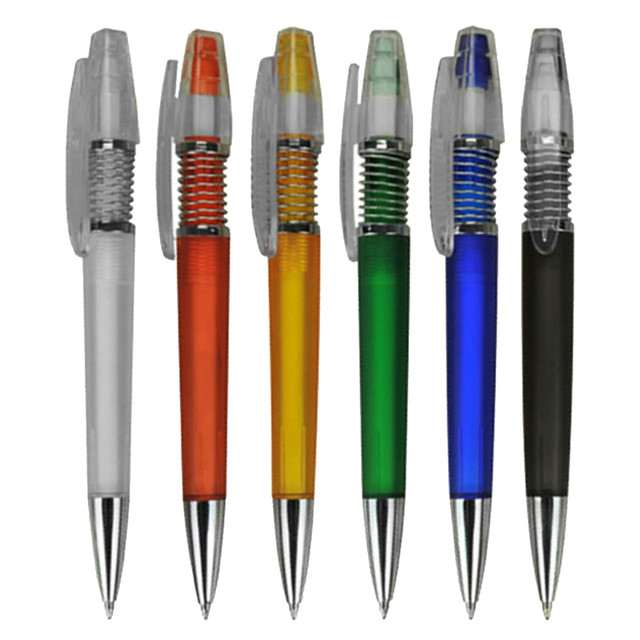 A set of six plastic pens in clear, orange, green, blue, and black, featuring a logo on each pen.