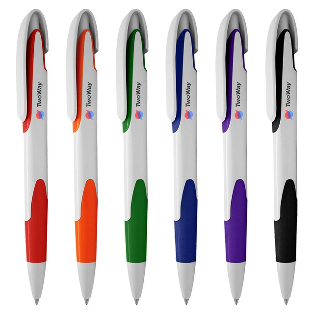 Six plastic pens in white with coloured accents, featuring orange, green, black, purple, and red. Each pen has a logo.
