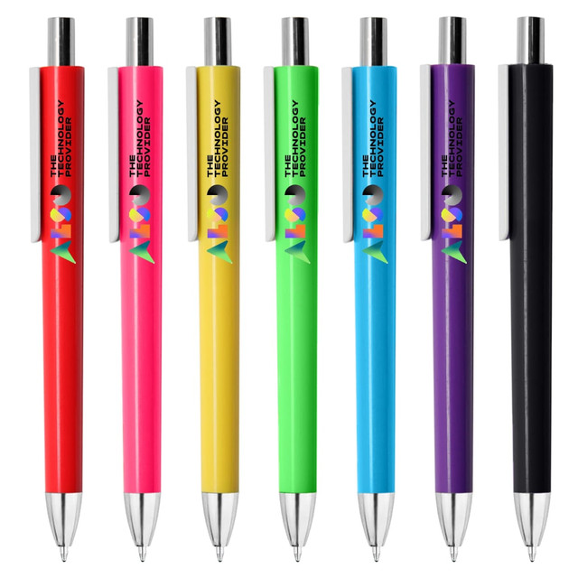 A set of six plastic pens in red, yellow, green, pink, purple, and black, each featuring a logo.