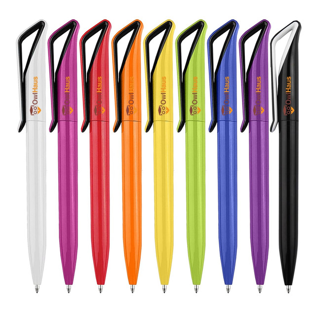 A collection of plastic pens in white, purple, orange, red, yellow, green, and black, featuring a logo on each.