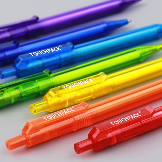 A collection of bright plastic pens in various colours, featuring a logo.