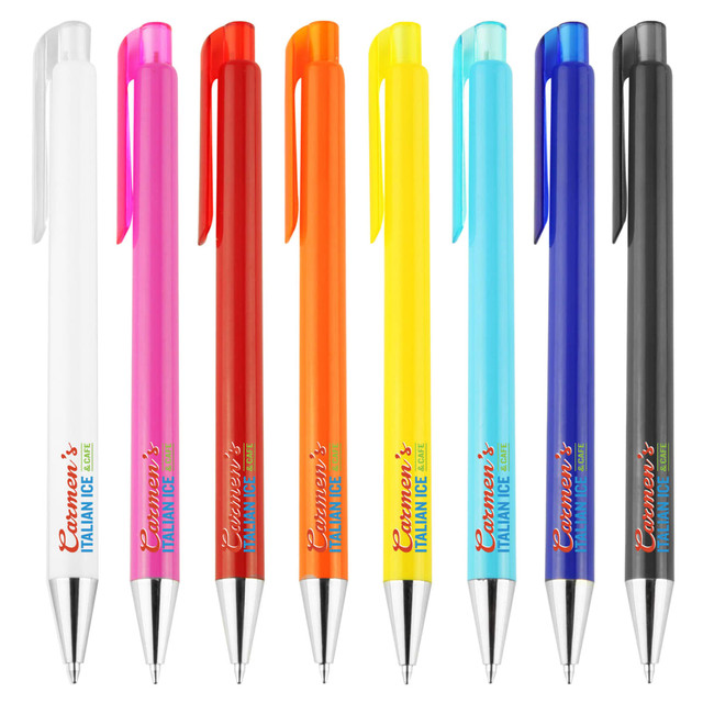 A collection of eight plastic pens in white, pink, orange, yellow, blue, and black with a logo.