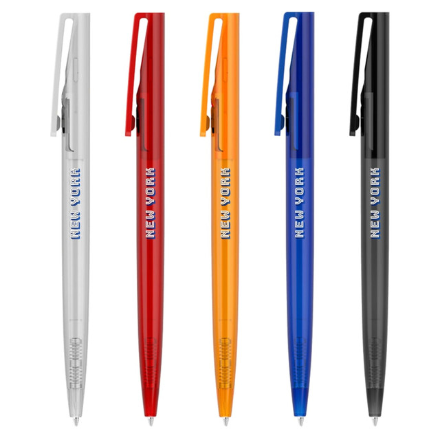 A range of plastic pens in silver, red, orange, blue, and black, each featuring a logo.