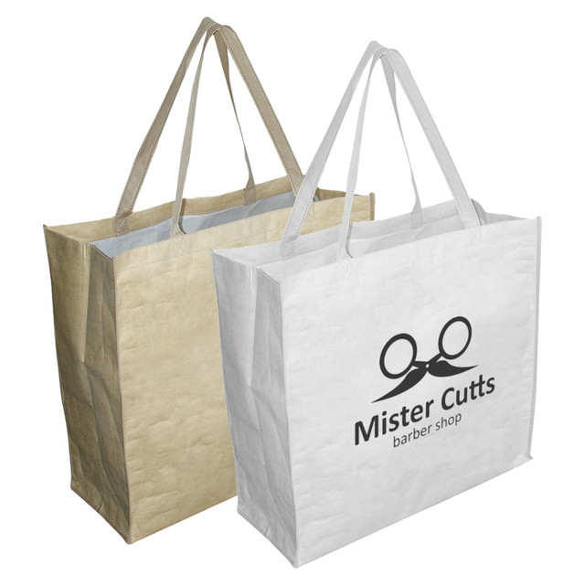 Two extra large paper bags with gussets, one in gold and one in white, both featuring a logo on the front.