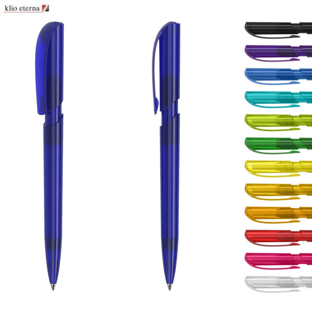 A blue transparent plastic pen with a clip, alongside a variety of other coloured pens in different shades.