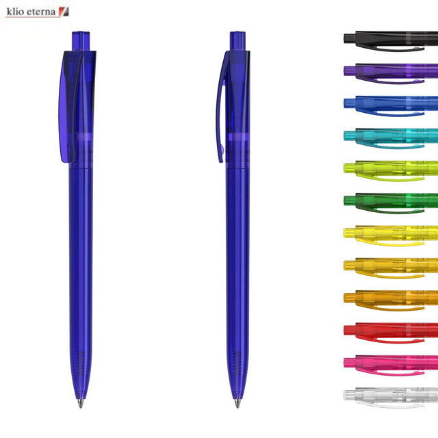 A collection of transparent plastic pens in various colours, including blue, black, green, yellow, and purple, with branding.