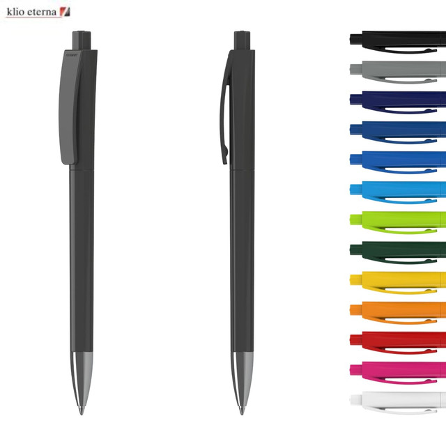 A collection of plastic pens in various colours, featuring a sleek design and a branding logo.