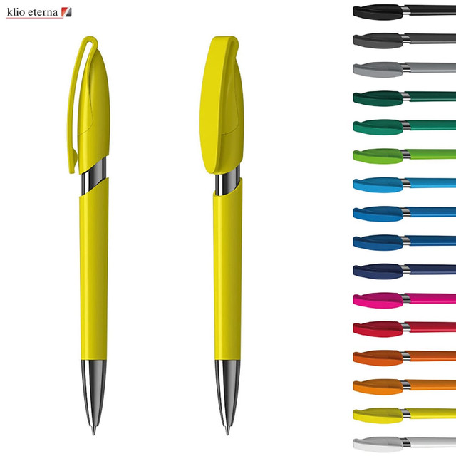 A yellow plastic pen with a silver clip, displayed alongside various colour options. The pen has a logo visible.