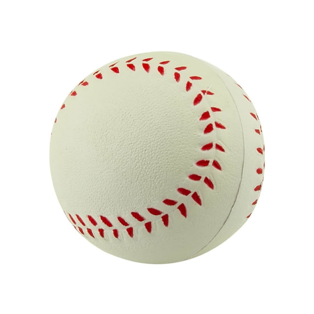 A stress ball resembling a white baseball with red stitching details and a smooth texture.