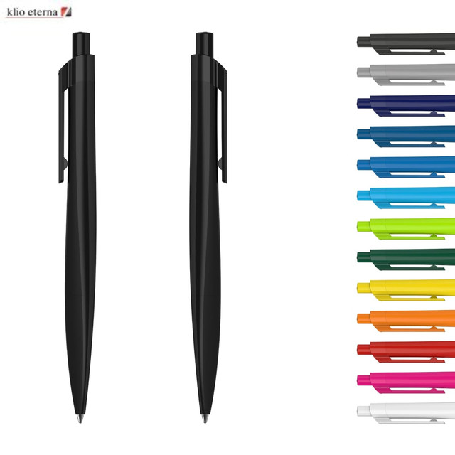 Black plastic pens with a sleek design, accompanied by a range of coloured options displayed on the right.