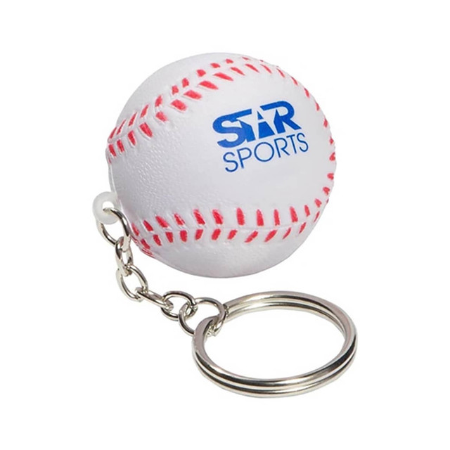 A white stress baseball key ring with red stitching and a keychain attachment, featuring a logo.